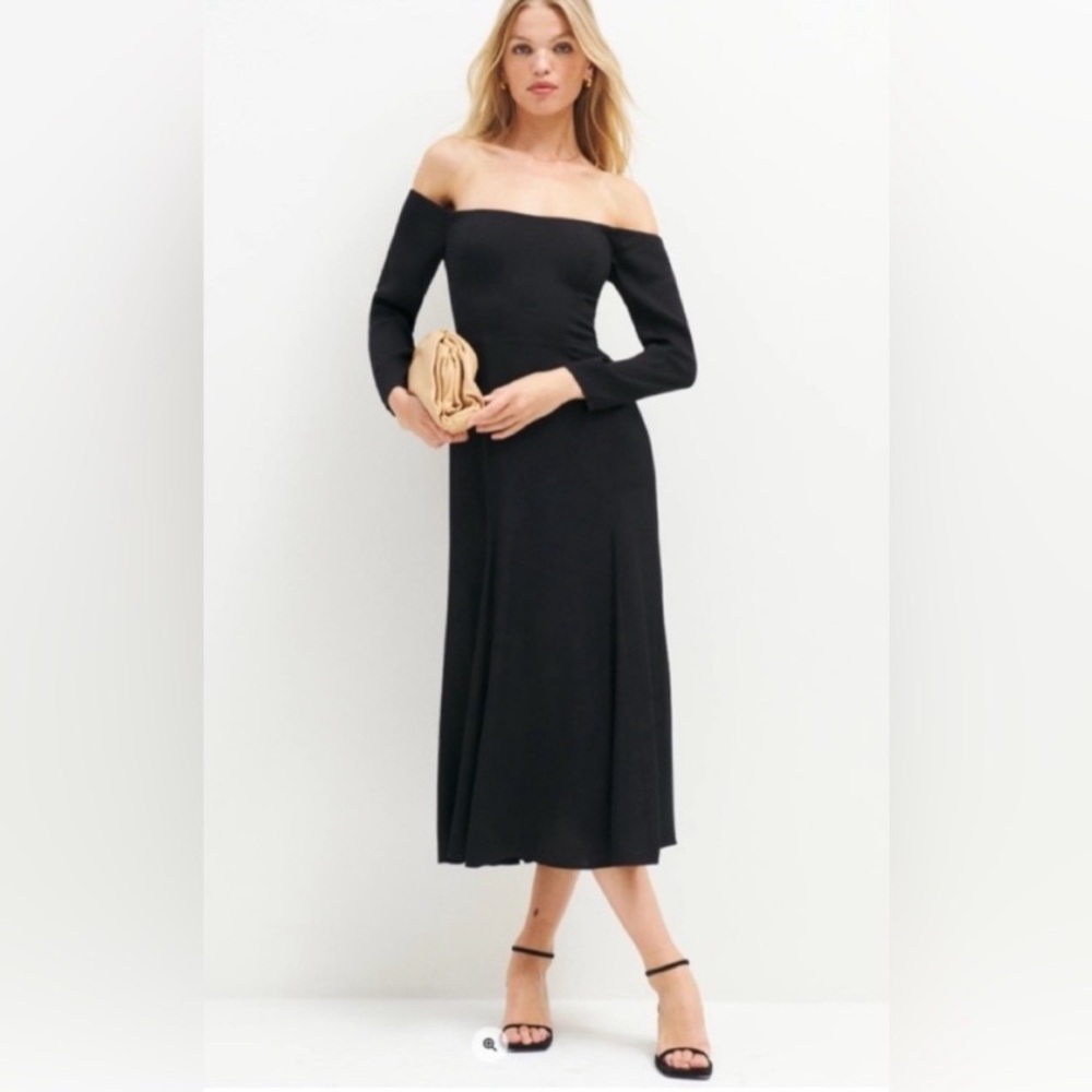 Reformation Ballari Midi Dress Off Shoulder Long Sleeves  in Black Size 4 NWT